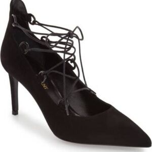 Saint Laurent Paris Thorn Lace-Up Pointed Toe Pumps Black Suede Size 37.5